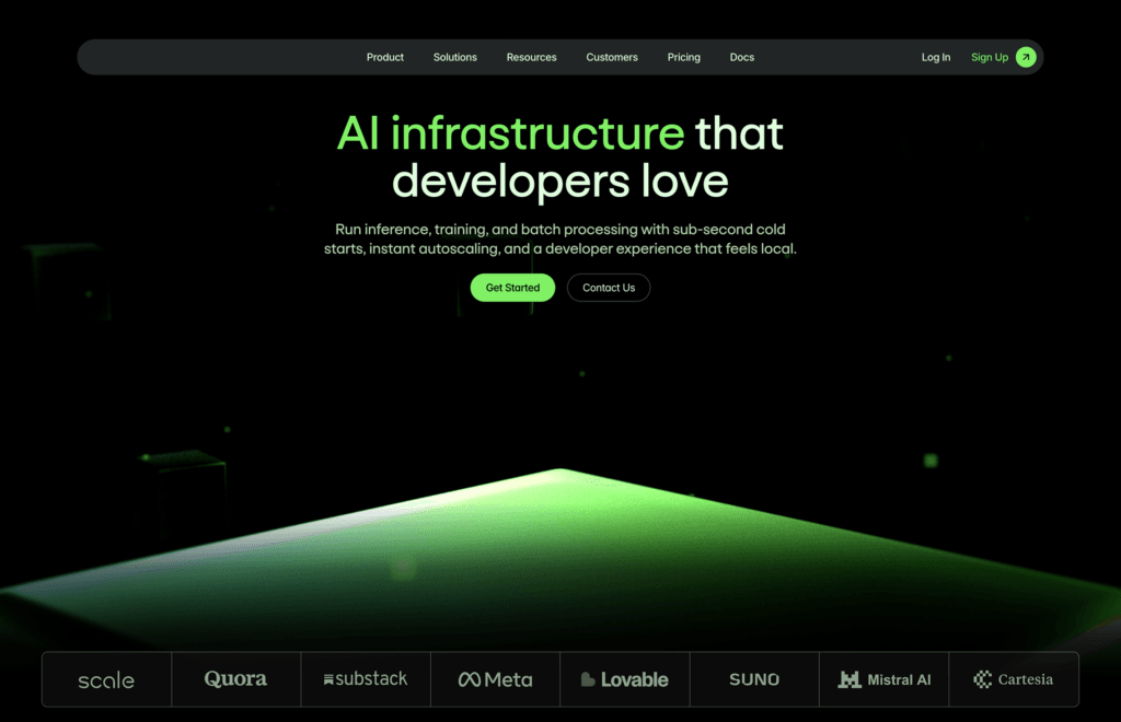 Modal - Teamvoy hero section on a dark site: large green-to-light headline 'ai infrastructure that developers love' with a subheading and two ctas 'get started' and 'contact us', plus a top navigation bar and logo row at the bottom.