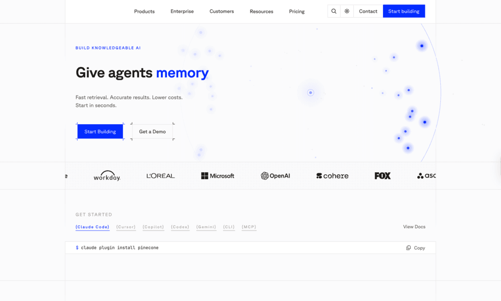 Pinecone - Teamvoy hero section featuring the headline 'give agents memory' with the word memory highlighted in blue, a subheading, navigation bar and two ctas: 'start building' and 'get a demo' over a light abstract tech design.