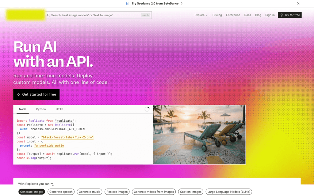 Replicate - Teamvoy hero banner for run ai with a vibrant pink-to-yellow gradient and large white headline 'run ai with an api' overlaid on the left, plus a partial code editor image at the bottom-right.