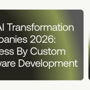 hero banner with title 'top ai transformation companies 2026: success by custom software development' on a dark gradient card; right-side panel shows the teamvoy logo.