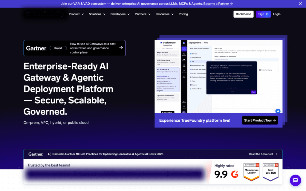True Foundry - Teamvoy dark hero banner with bold white headline about an enterprise ai gateway and deployment platform; right side shows a screenshot of the platform ui on a purple-accented page.