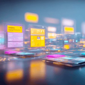 futuristic holographic dashboards displaying colorful panels and charts hovering above a reflective surface.
