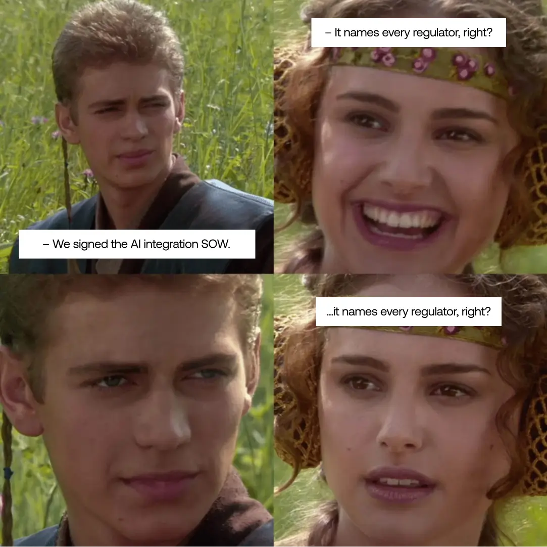 four-panel meme featuring anakin and padmé in a sunny field, with dialogue about an ai integration sow.