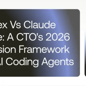 thumbnail showing article title: codex vs claude—code: a cto's 2026 decision framework for ai coding agents, with a dark gradient card and a smaller 'teamvoy' logo panel on the right.