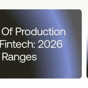 large dark rounded card with gradient blue highlight text: "cost of production ai in fintech: 2026 build ranges" and a smaller card showing the teamvoy logo on the right.