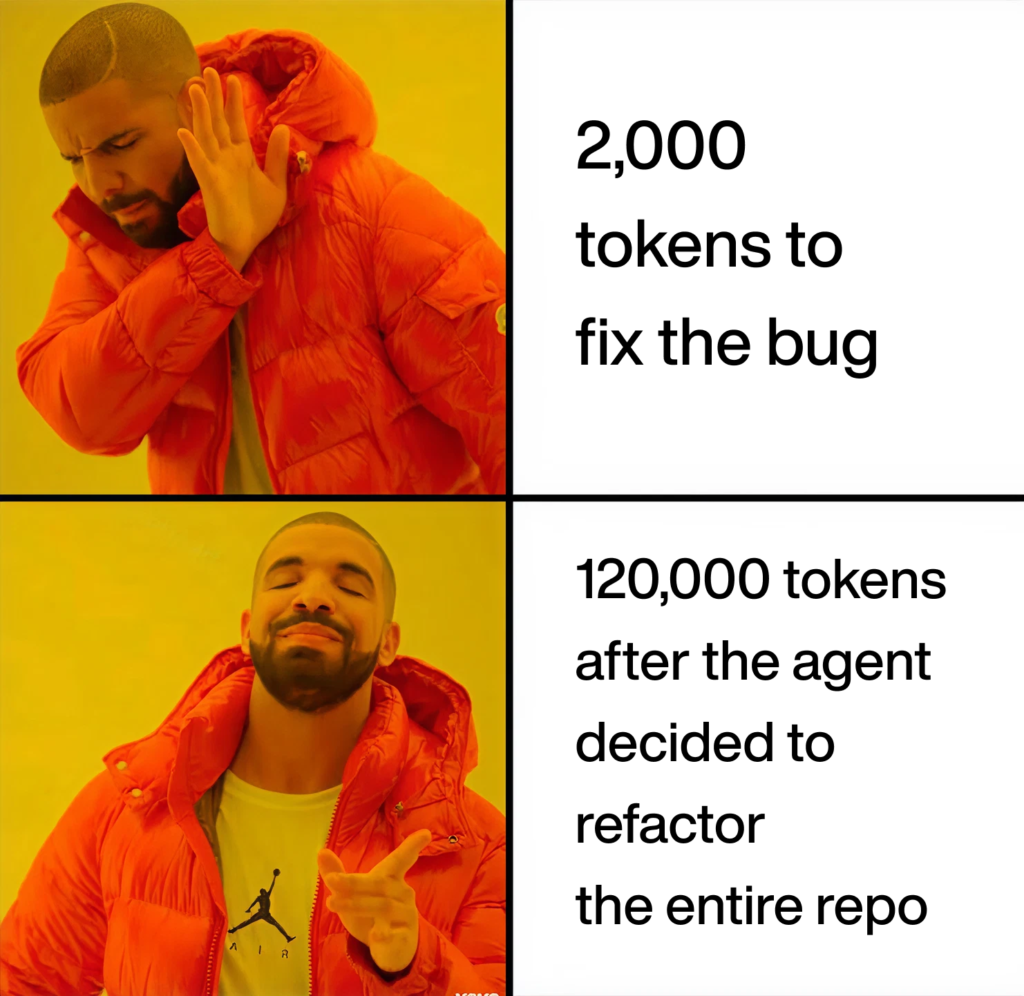 two-panel drake meme about token costs: 2,000 tokens to fix the bug, 120,000 tokens after refactoring the repo.