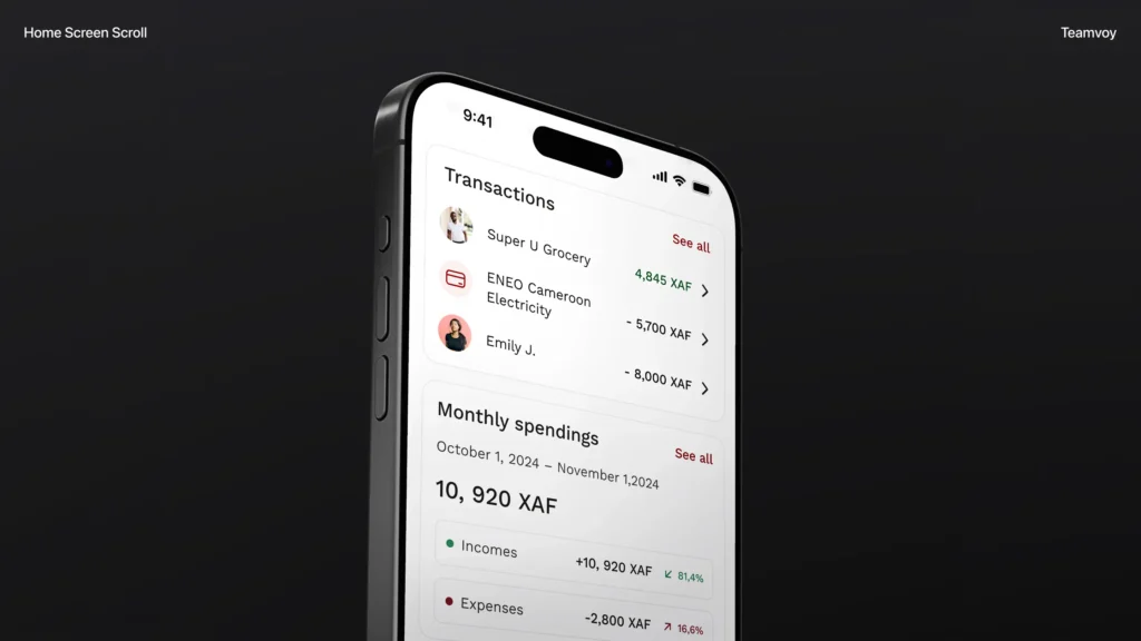 tilted smartphone screen showing a banking app's Transactions page with a list of recent accounts and their balances in colorful numbers on the right side, set against a dark background.