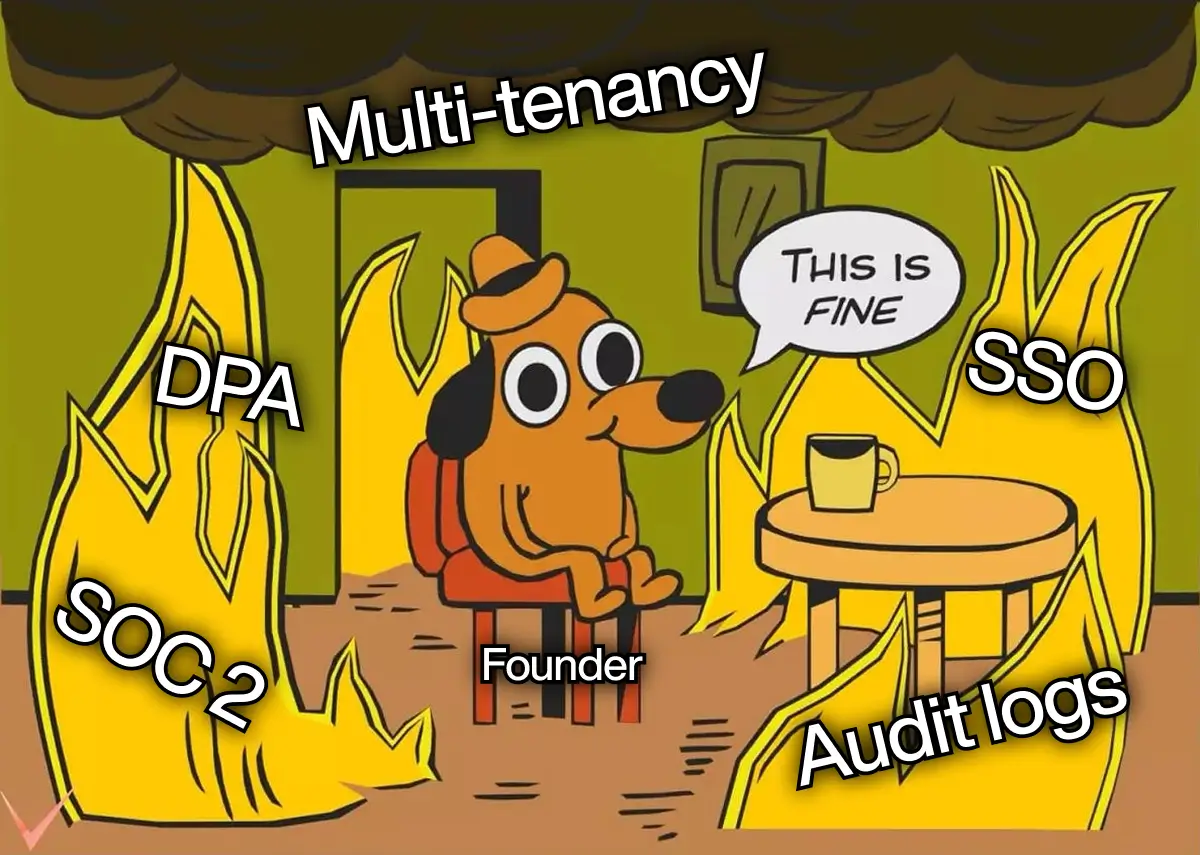 cartoon dog founder sits calmly as flames labeled multi-tenancy, dpa, soc 2, sso and audit logs surround the scene, illustrating looming compliance chaos.