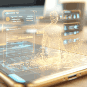 golden holographic human figure rising from a laptop, with glowing data panels in the background