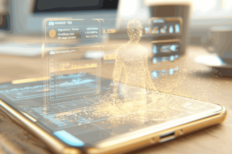 golden holographic human figure rising from a laptop, with glowing data panels in the background