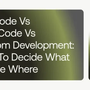 large rounded hero banner with the headline: 'no-code vs low-code vs custom development: how to decide what to use where' on a dark gradient; a smaller right card displays the teamvoy brand.