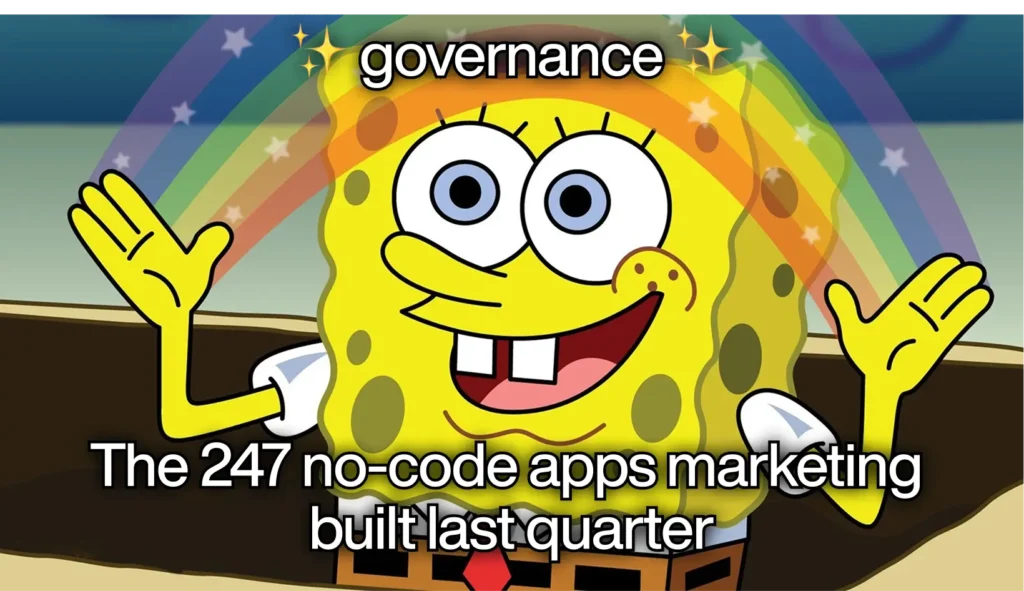 No-Code vs Low-Code vs Custom Development- How to Decide What to Use Where meme - Teamvoy spongebob squarepants cartoon waving with a rainbow background; top caption reads 'governance' and bottom caption says 'the 247 no-code apps marketing built last quarter'.