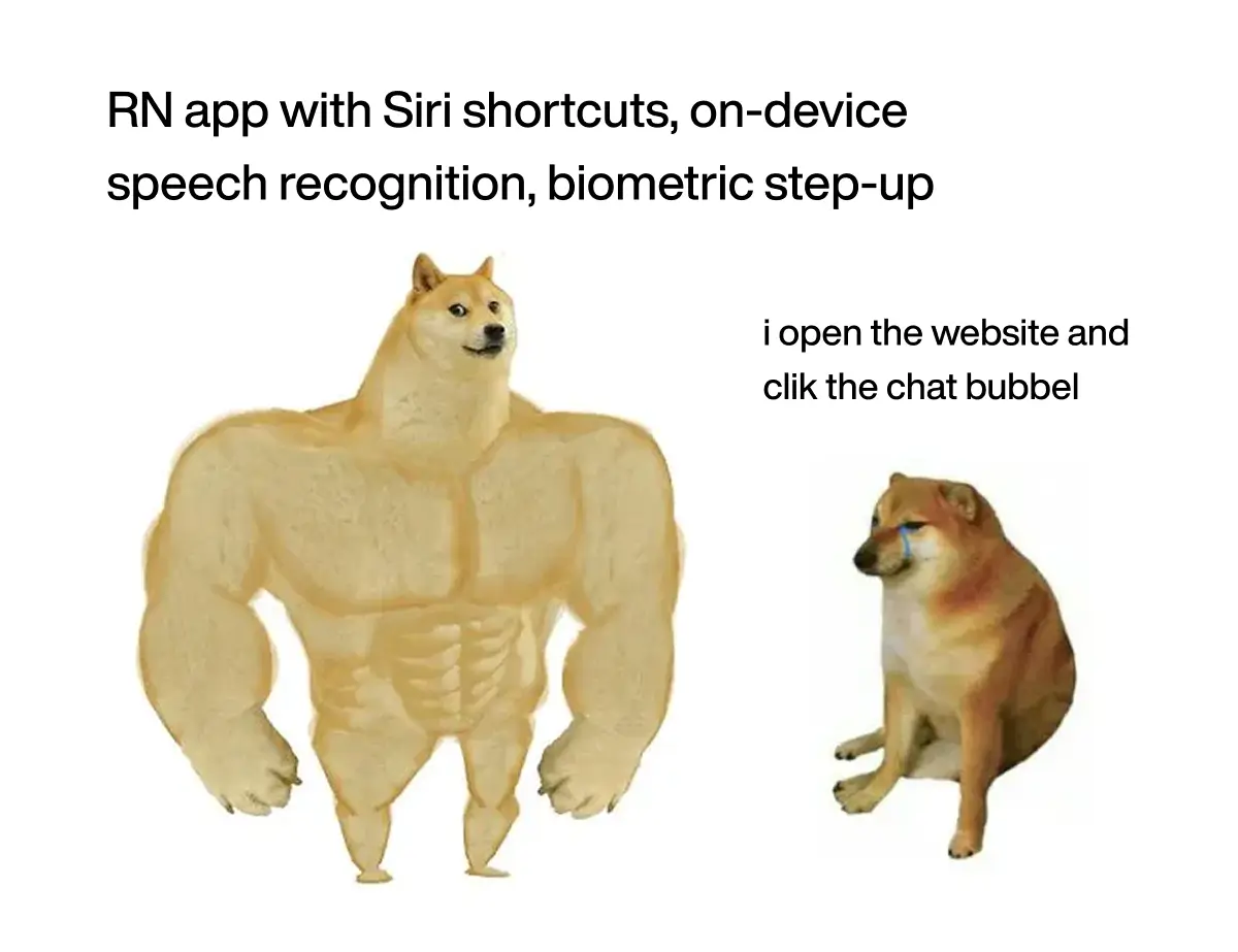 React Native app meme - Teamvoy meme with a large muscular doge on the left and a small sad doge on the right, with text about an rn app using siri shortcuts and on-device speech recognition.