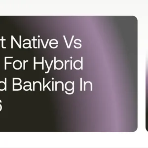 informational header banner: title 'react native vs pwa for hybrid cloud banking in 2026' on a dark gradient card, with a smaller right card showing the teamvoy logo on a purple gradient.