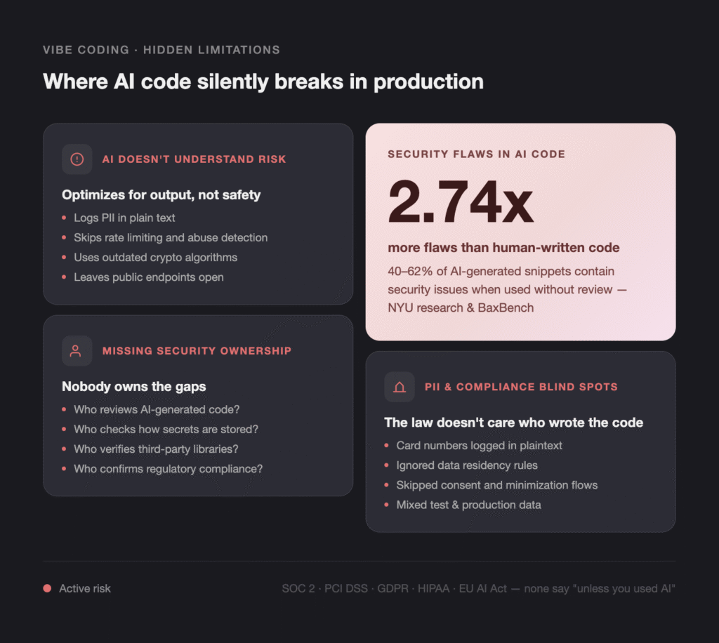 infographic showing four dark cards with red headings about ai risks and a pink panel summarizing ai code flaws; title reads 'where ai code silently breaks in production' at top with dark background.