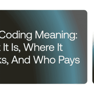 hero banner with the headline 'vibe coding meaning: what it is, where it breaks, and who pays' on a dark teal gradient; a rounded branding card on the right reads 'teamvoy'.