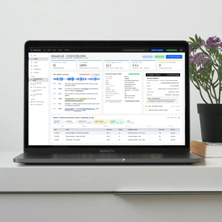 laptop on a desk shows a detailed analytics dashboard on the screen, with purple flowers on the right side.