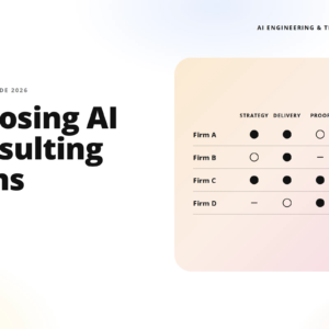 cover image for teamvoy's enterprise guide 2026 showing the title 'choosing ai consulting firms' on the left and a light peach comparison chart for firms a–d on the right.