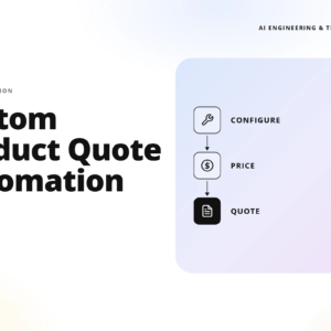 teamvoy hero banner: left-side bold headline 'custom product quote automation' with 'sales automation'; right-side rounded lavender panel shows a vertical flow diagram labeled configure, price, quote.