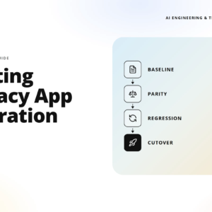 hero banner for teamvoy: 'testing legacy app migration' with a right-side gradient rounded panel showing a vertical baseline–parity–regression workflow.