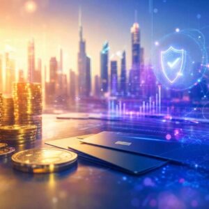stacks of gold coins beside two credit cards on a desk with a futuristic city skyline and digital security graphics.