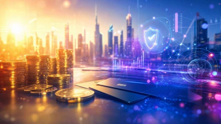 stacks of gold coins beside two credit cards on a desk with a futuristic city skyline and digital security graphics.