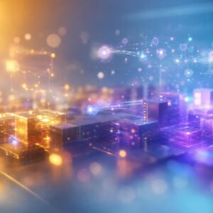 futuristic data center scene with glowing blocks and network connections in blue and orange lights
