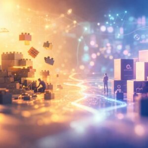 team of workers stacks large building blocks in a high-tech orange–blue scene, symbolizing digital construction.