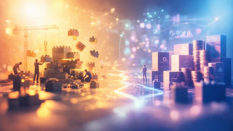 team of workers stacks large building blocks in a high-tech orange–blue scene, symbolizing digital construction.
