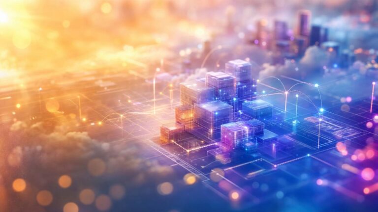 abstract digital city with glowing cuboids and network lines symbolizing data exchange and connectivity.