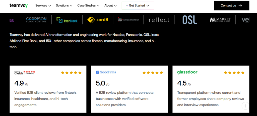 2teamvoy - Teamvoy teamvoy client logos and clutch, goodfirms, glassdoor ratings showing a verified ai implementation partner track record