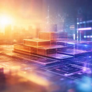 futuristic scene with glowing stacked glass blocks on a digital grid, in orange and blue tones.