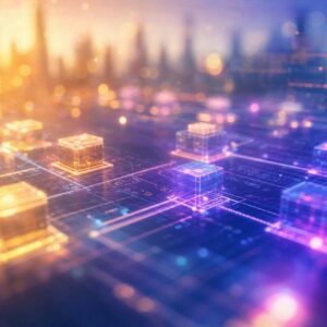 abstract 3d data network visualization: glowing translucent cubes on a grid with warm/yellow and cool/purple tones, implying blockchain or digital infrastructure.