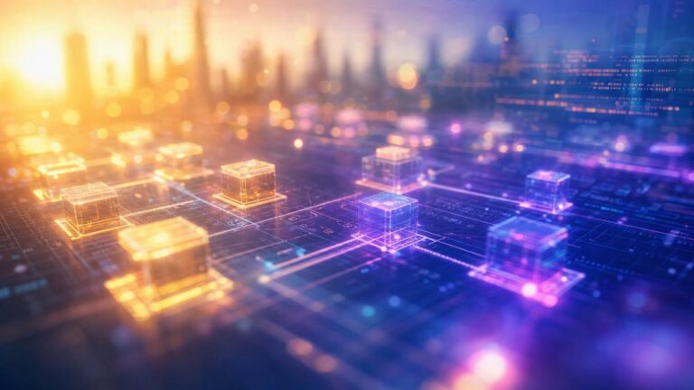 abstract 3d data network visualization: glowing translucent cubes on a grid with warm/yellow and cool/purple tones, implying blockchain or digital infrastructure.