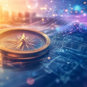 gold compass resting on a technical blueprint with glowing, futuristic network lines and colorful orbs in the background.