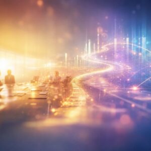 silhouetted professionals sit around a conference table as vivid glowing data streams flow across a futuristic boardroom edge-to-edge with purple-gold light.