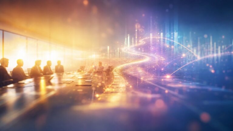 silhouetted professionals sit around a conference table as vivid glowing data streams flow across a futuristic boardroom edge-to-edge with purple-gold light.