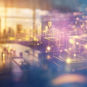 blurry, modern conference room bathed in warm and cool light with glowing digital network lines overlaid, suggesting technology and data analytics.