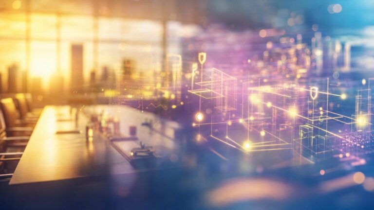 blurry, modern conference room bathed in warm and cool light with glowing digital network lines overlaid, suggesting technology and data analytics.