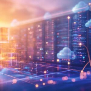 abstract data center scene with glowing servers, cloud icons and network lines representing cloud computing and data transfer, blue and orange glow