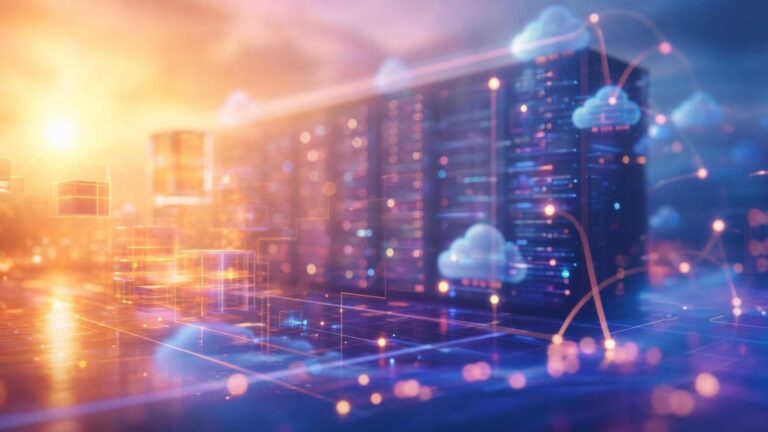 abstract data center scene with glowing servers, cloud icons and network lines representing cloud computing and data transfer, blue and orange glow