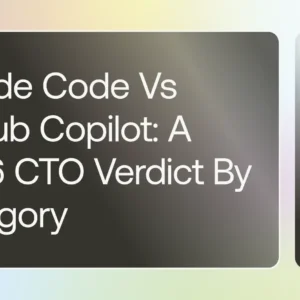 dark rounded panel containing the headline: claude code vs github copilot: a 2026 cto verdict by category, with a smaller panel showing 'teamvoy' on a pale gradient background.