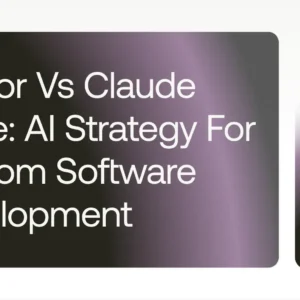 left: bold white title reading 'cursor vs claude code: ai strategy for custom software development' on a dark purple gradient rounded panel; right: smaller gradient panel with 'teamvoy' branding.