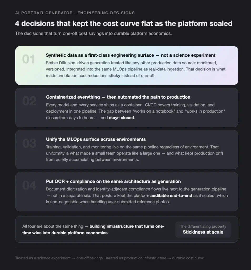 Engineering decisions - Teamvoy infographic detailing four decisions to keep cost curve flat as the platform scaled, with four numbered rounded cards labeled 01–04 and summary texts, on a dark background.