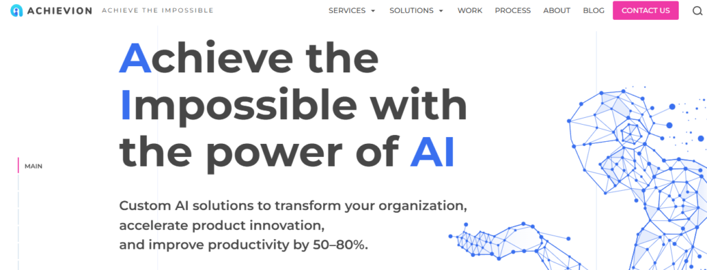 Screenshot 2026-06-25 125109Achievion Solutions - Teamvoy achievion hero section promising custom ai solutions to improve organizational productivity by 50 to 80 percent