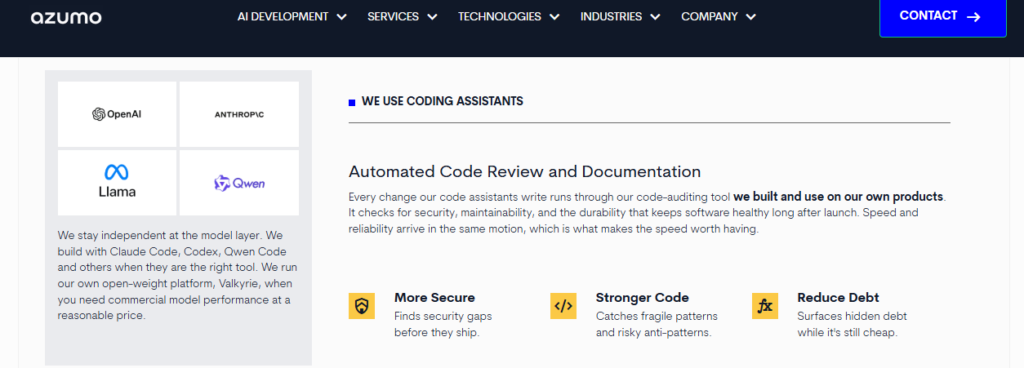 Screenshot 2026-06-25 125416Azumo - Teamvoy azumo coding-assistant stack with automated code review highlighting security, stronger code, and reduced technical debt