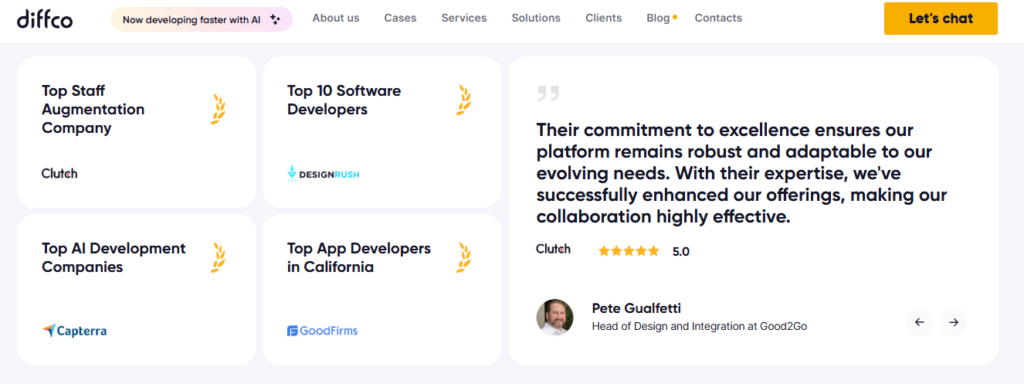 Screenshot 2026-06-25 1705522Diffco AI - Teamvoy diffco ai award badges from clutch, capterra, goodfirms with five-star client testimonial