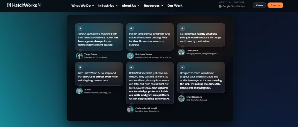 hatchworks ai client testimonials on generative ai development, poc delivery, and knowledge-protecting assistants