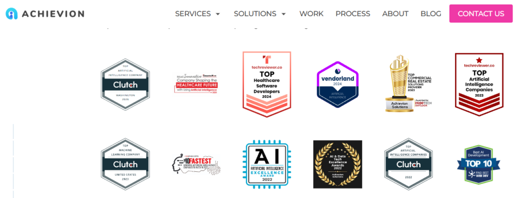 achievion solutions ai and machine learning recognition badges including clutch and healthcare developer awards