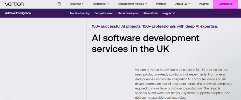 vention ai software development services page detailing production-ready ai engineering for uk businesses